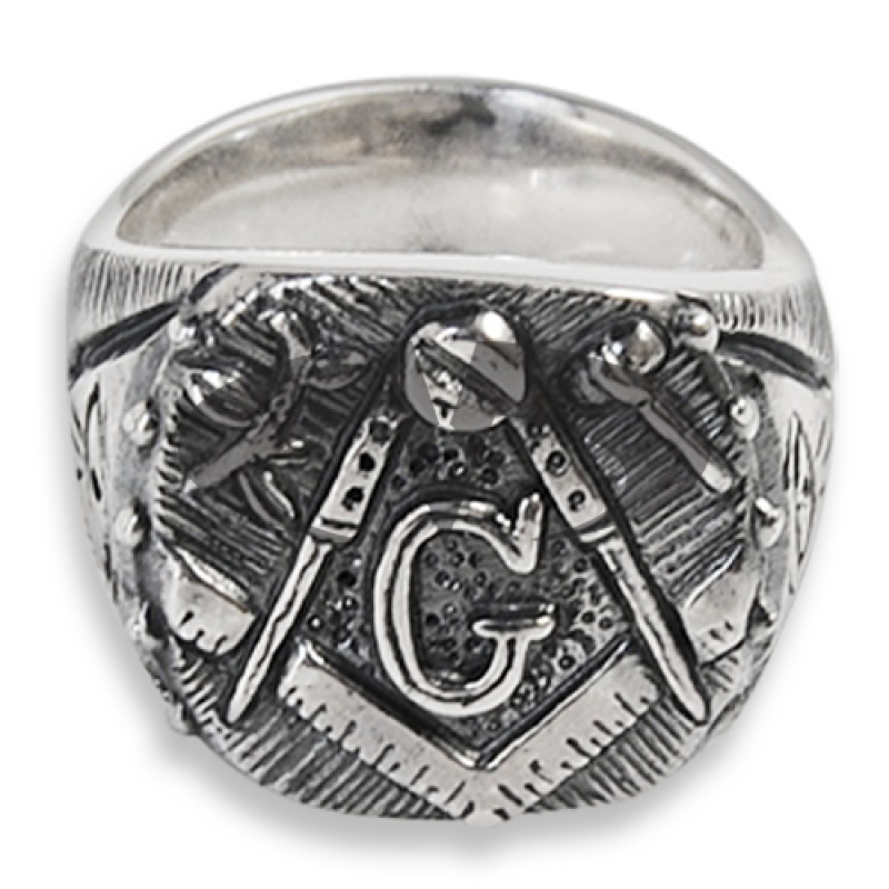 Anello Massonico in Argento con GADU, Squadra e Compasso