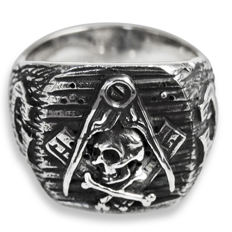 Anello Massonico in Argento con Compasso, Squadra e Teschio