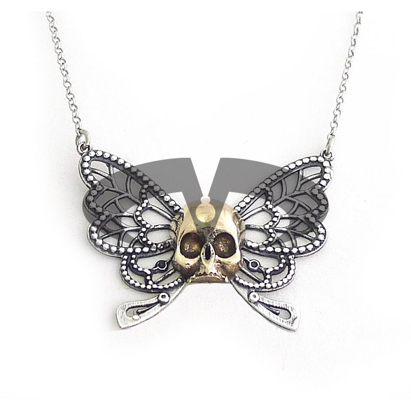 Collana in Argento El Rana Farfalla e Teschio Bicolor Grande
