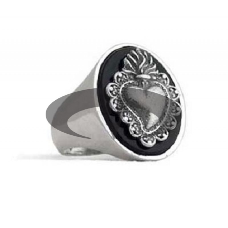 Anello Argento ed Onice Ovale con Cuore Sacro Old School  El Rana