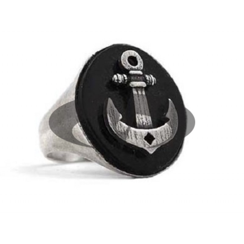 Anello con Ancora in Argento su Onice Tattoo Style El Rana