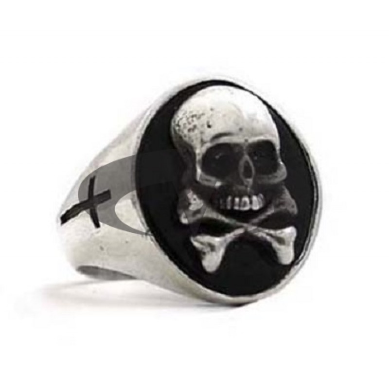 Anello Teschio e Tibie in Argento su Onice Tattoo Style El Rana