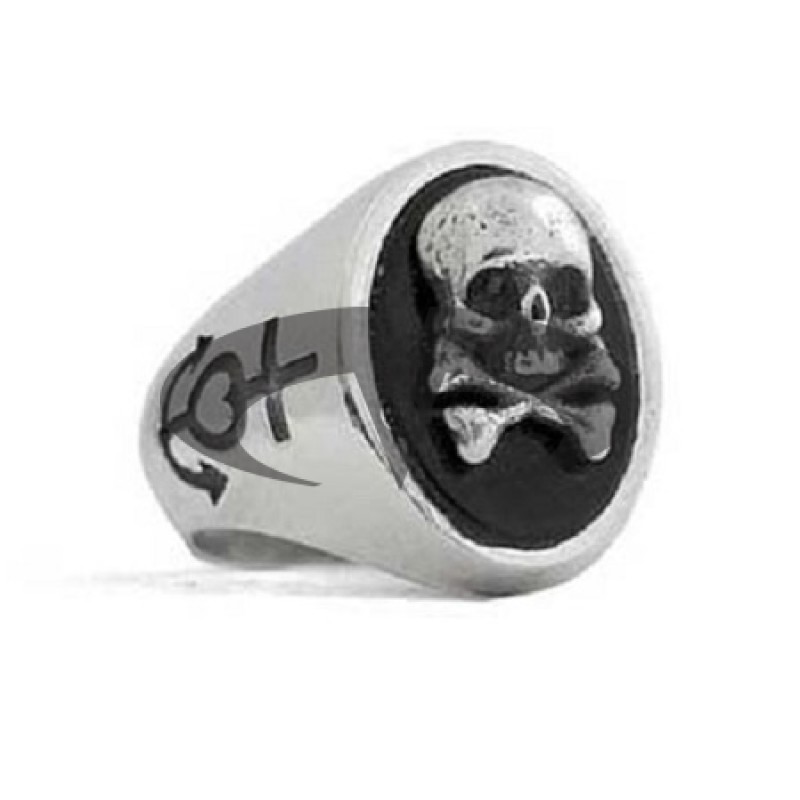 Anello Mignolo in Argento ed Onice Ovale con Teschio e Tibie  El Rana
